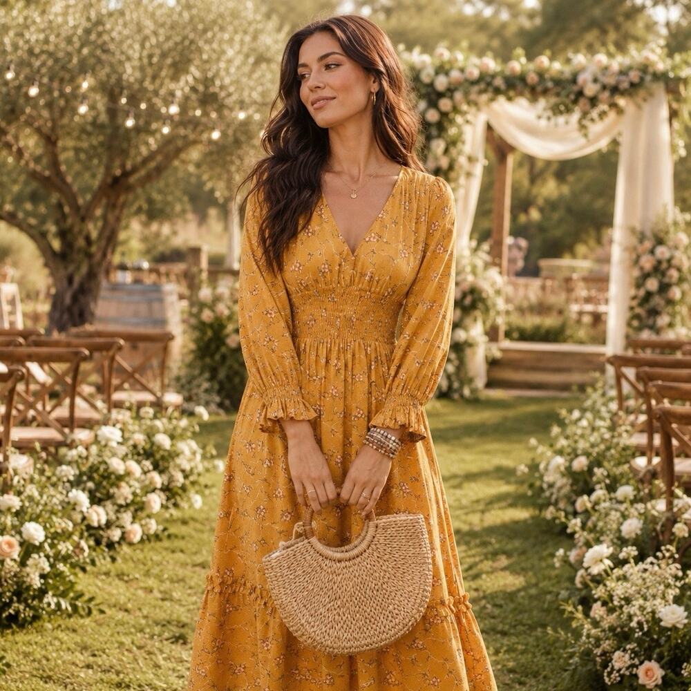 Outerknown Floral Smocked Waist Midi Dress Long Sleeve Small Cottagecore Wedding